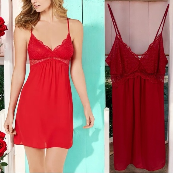 NEW I.N.C. Red Hot Lace and Chiffon Elegant Chemise Nightgown Lingerie Size L - Picture 1 of 12